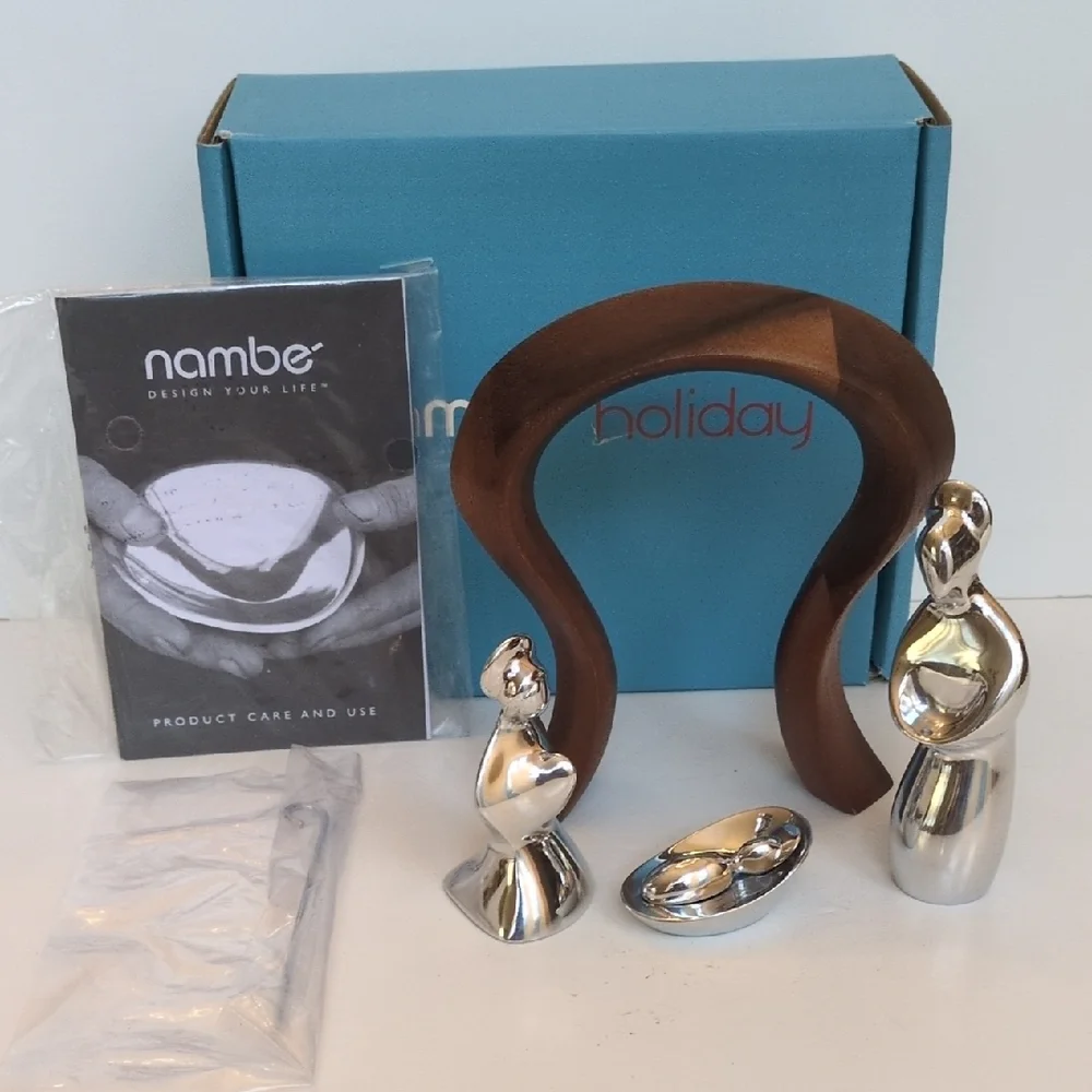 Nambe 4 Piece Holiday Nativity Scene - Mary, Joseph, Baby Jesus & Wooden Crech
